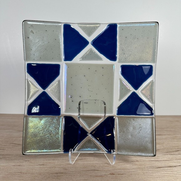 Fused Dichroic Art Glass Trinket Dish Bowl Square Iridescent  VTG 7" W Blue - Picture 3 of 8